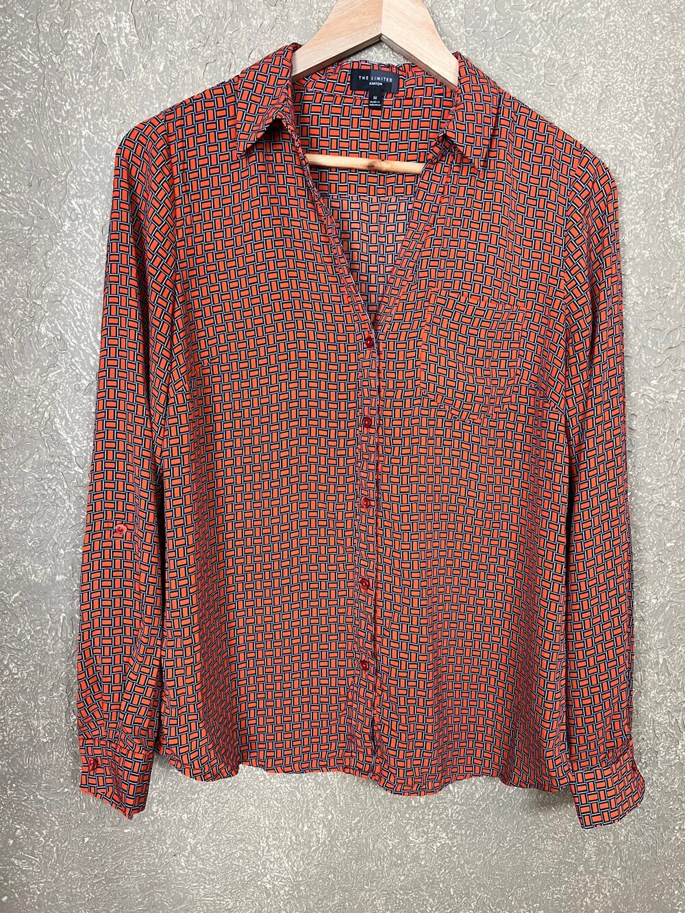 The Limited Orange Blue Pattern Button Down Blouse Top Roll Tab Sleeves Size M